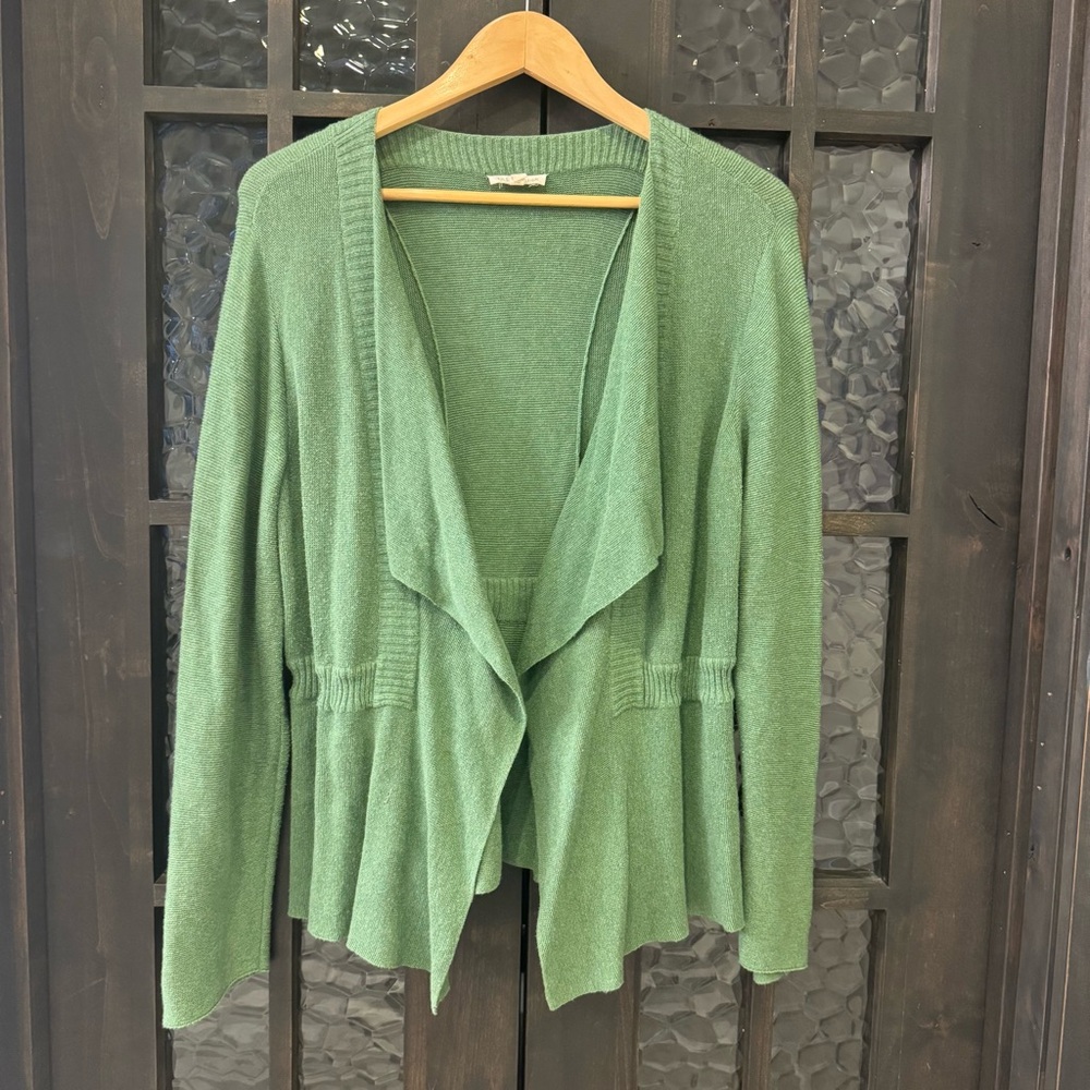 Eileen Fisher Organic cotton Slub High Low sweater Open Front Cardigan green L